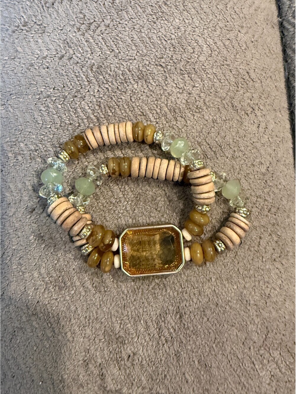 Boho Beaded Stretch Bracelet Wood Disc Amber Green Glass Crystal Double Strand